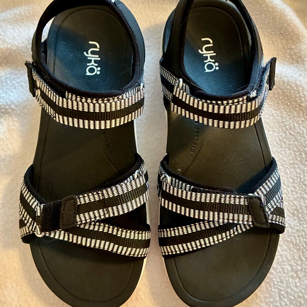 Ryka Savannah 2 Sport Sandals Women’s 6.5 Black & White Adjustable Velcro